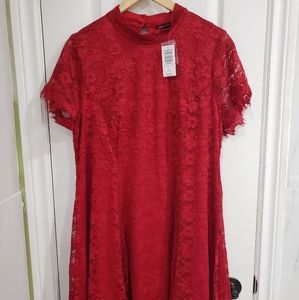 Red mock neck lace dress
